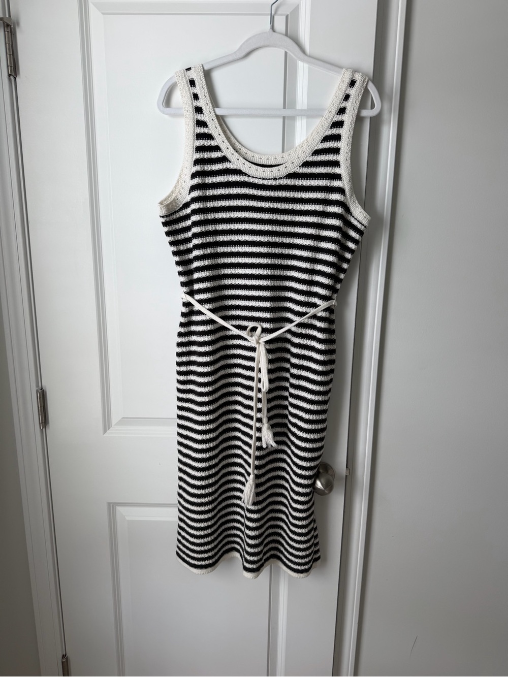 Nine West Black Ivory Striped Knit Crochet Midi Tank Dress Tie Waist size PXXL